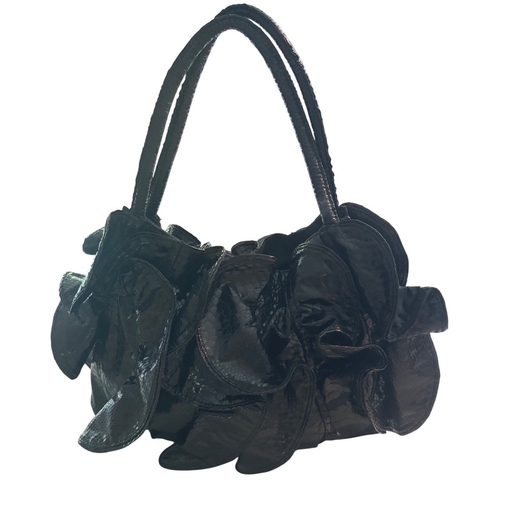 Sondra Roberts Black Faux Snakeskin Ruffle Hobo Bag Patent Tiered Petal Shoulder